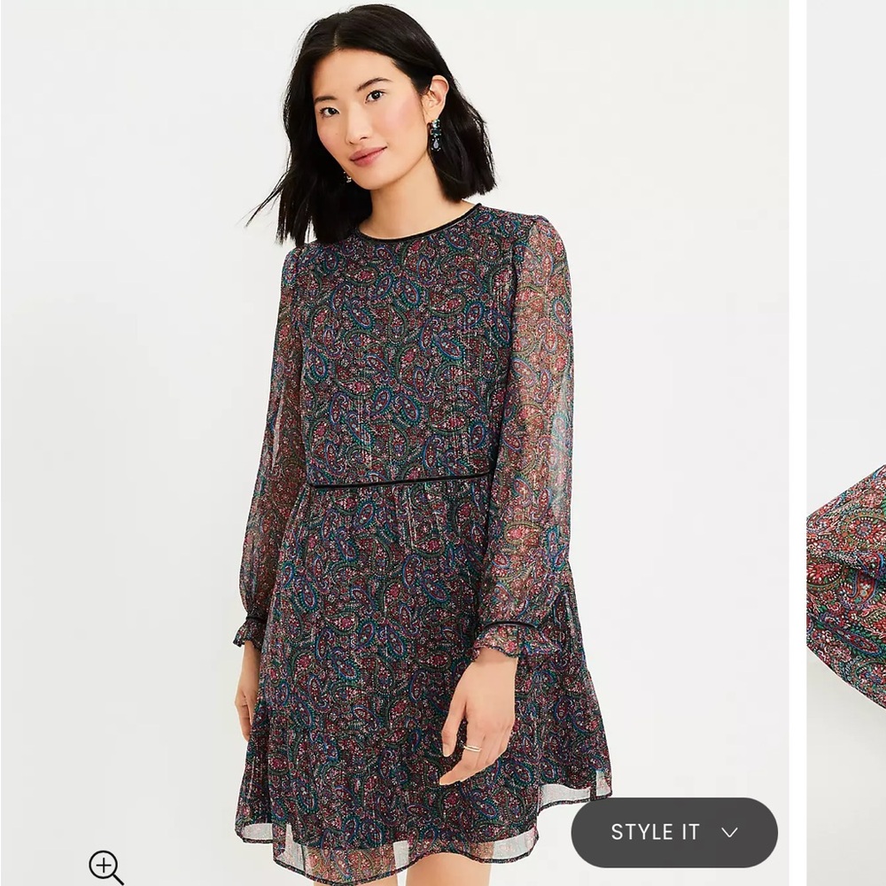LOFT Shimmer Paisley Velvet Trim Swing Dress